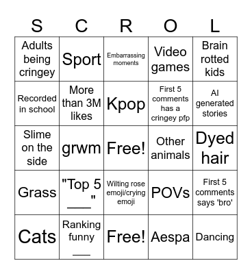 YouTube scrolling Bingo Card