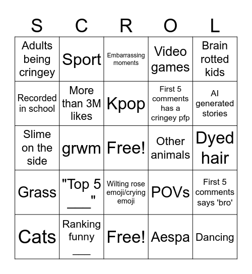 YouTube scrolling Bingo Card