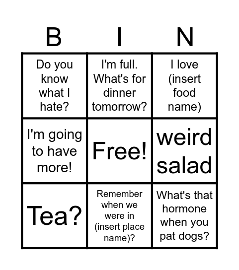 Dinner Bingo Card