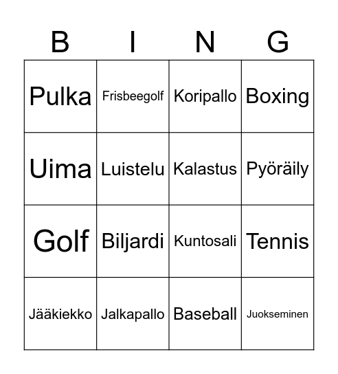 Urheilu Bingo Card