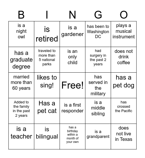 Family Reunion Bingo Card