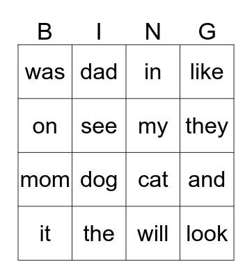 Sight Word Bingo Card