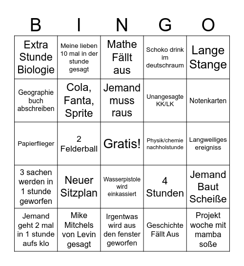 Schul Bingo Card