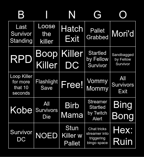 Dead by Daylight Bingo Card