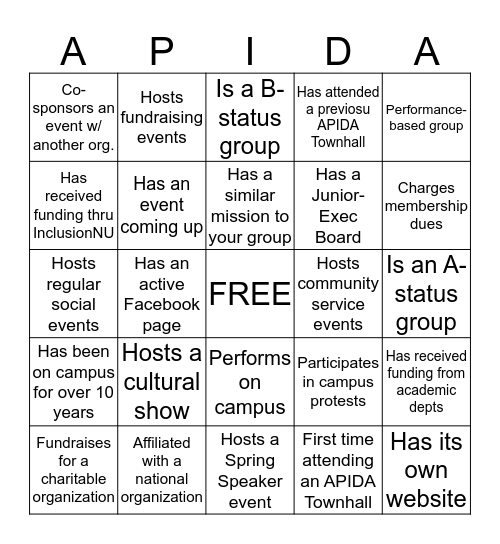 APIDA Townhall Bingo Card
