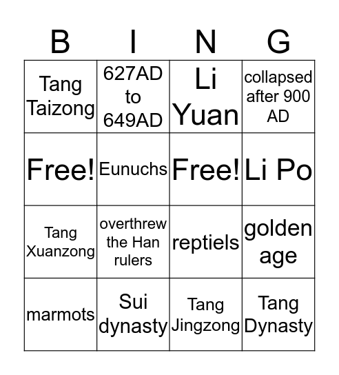 Tang Dynasty  Bingo Card