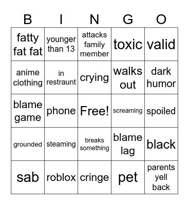 kids crash out Bingo Card
