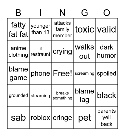kids crash out Bingo Card