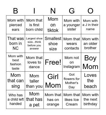 Name the Mom Bingo Card