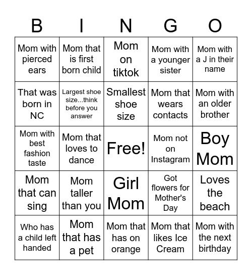 Name the Mom Bingo Card