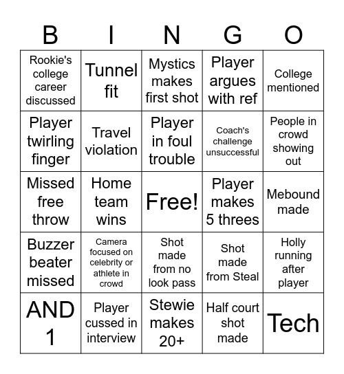Liberty vs Mystics Bingo Card