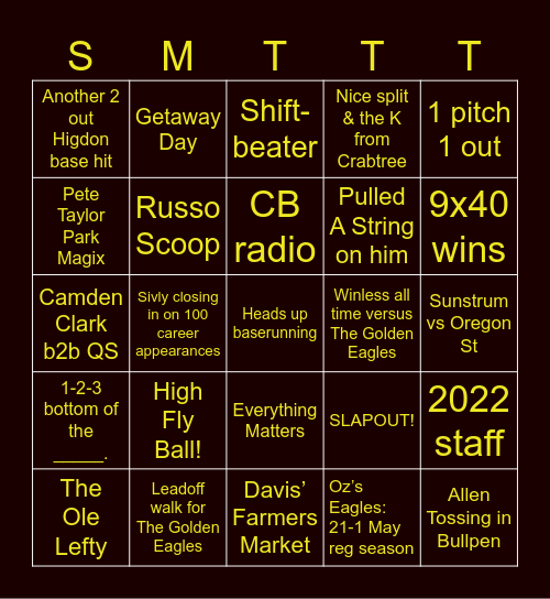 Getaway SweepDay Bingo Card