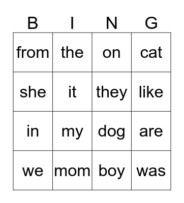 Sight Word Bingo Card