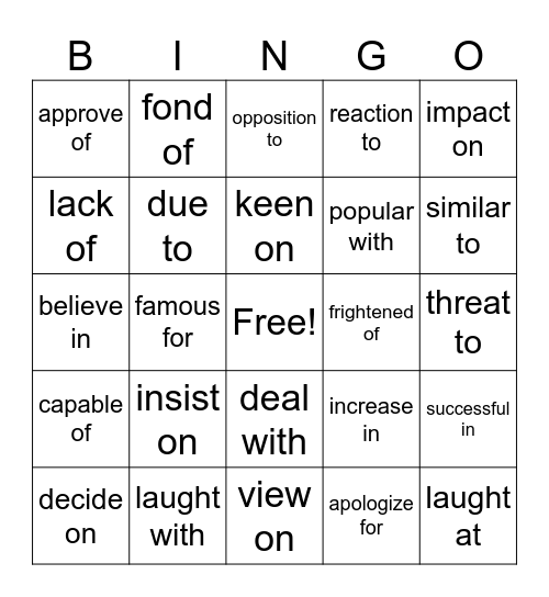 dependent prepositions Bingo Card