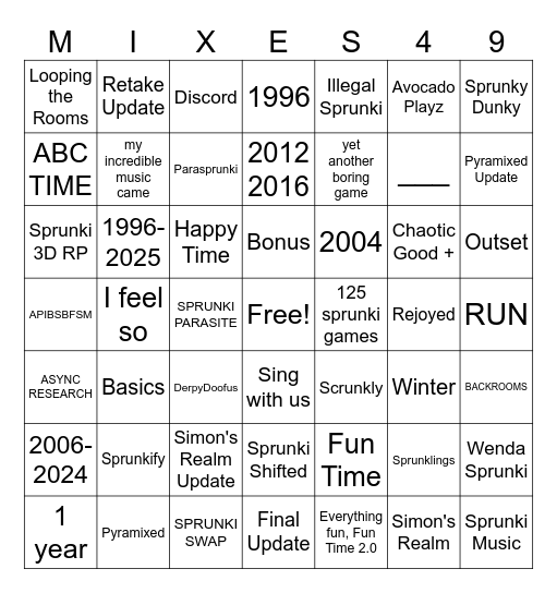 Sprunki Bingo Card