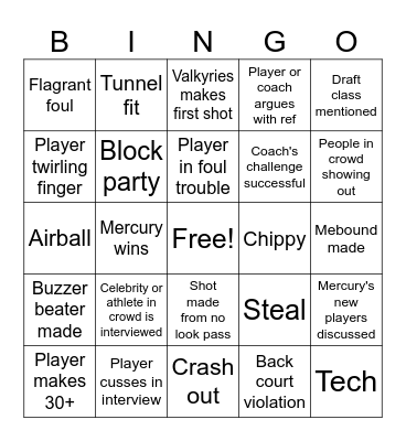 Mercury vs Valkyries Bingo Card
