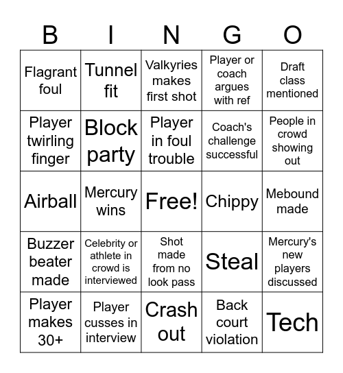 Mercury vs Valkyries Bingo Card