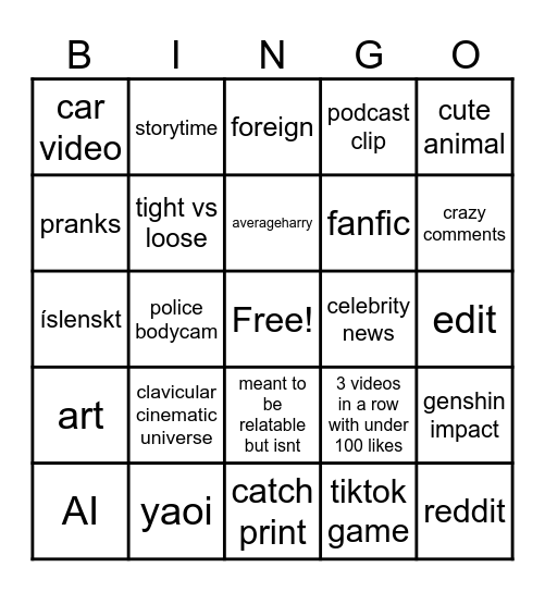 Lalalu tiktok bingo Card