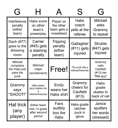 Hockey Game Bingo Card