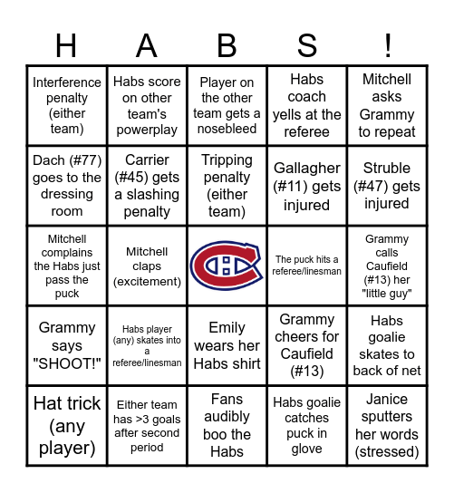 Hockey Game Bingo Card