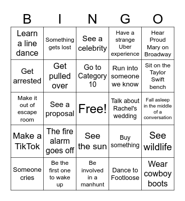 Rachel's Bachelorette Bingo Card