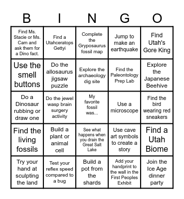 Utah Natural History Museum Bingo Card