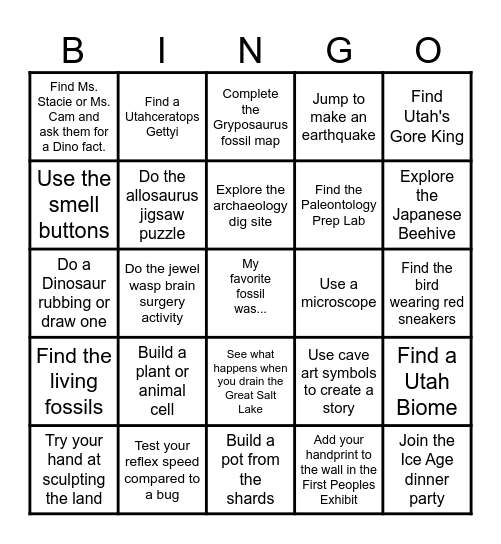Utah Natural History Museum Bingo Card