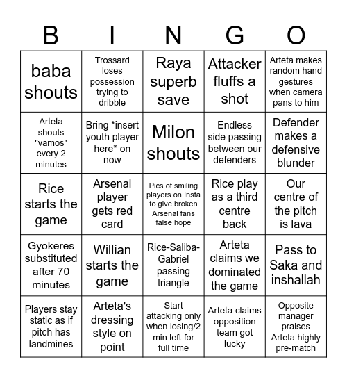 Arsenal Bingo Card