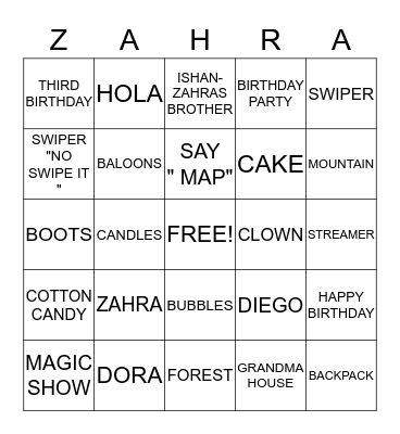 ZAHRA'S THRID BIRTHDAY BINGO Card