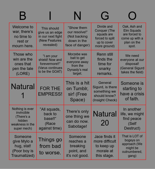Waltz for Eternity- Episode 5 Bingo Card