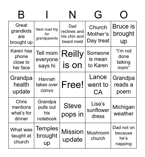 Stamps Family Bingo Card