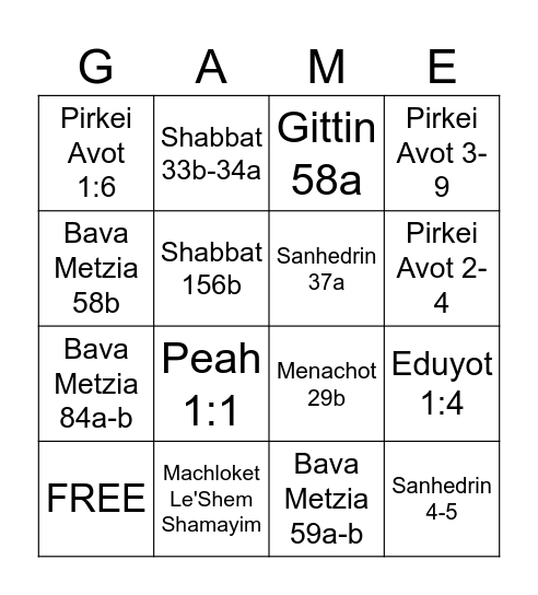 Mishna Game Bingo Card