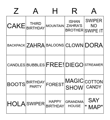 ZAHRA'S THIRD BIRTHDAY BINGO  Bingo Card