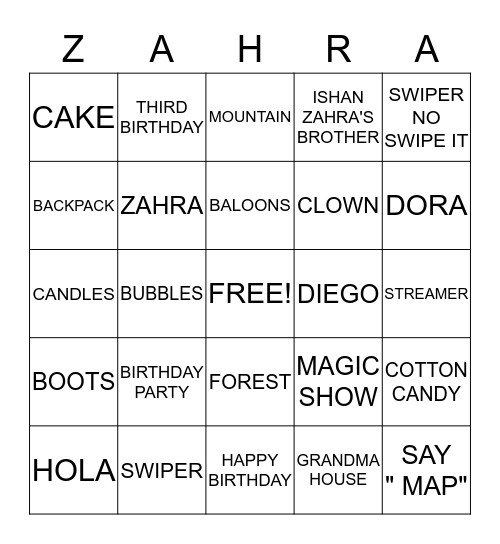 ZAHRA'S THIRD BIRTHDAY BINGO  Bingo Card