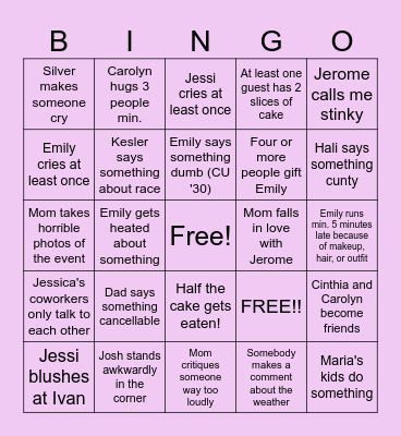 Emily's Grad Party Bingo Card