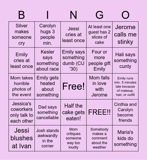 Emily's Grad Party Bingo Card