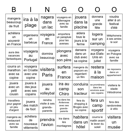 Les projets de vacances: Cherche quelqu'un qui ... Bingo Card
