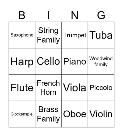 Orchestra Instruments Bingo Card