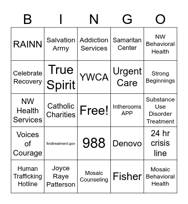 Mental Health Support Resources Bingo Card