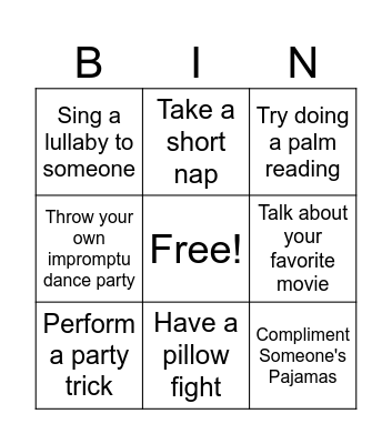 Slumber Party Bingo Card
