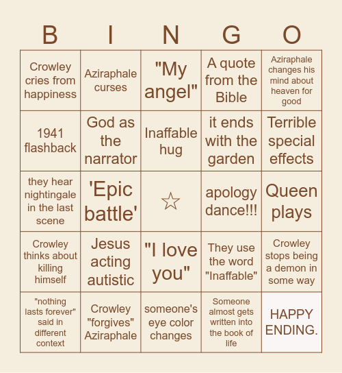 Good Omens 3 Bingo Card