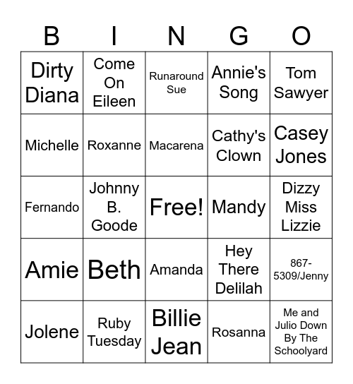 Tunes That Name Bingo Card