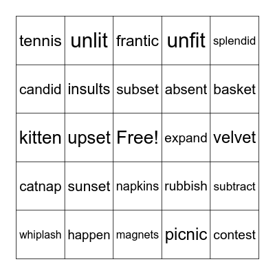 2 Syllable - Closed #1 Bingo Card