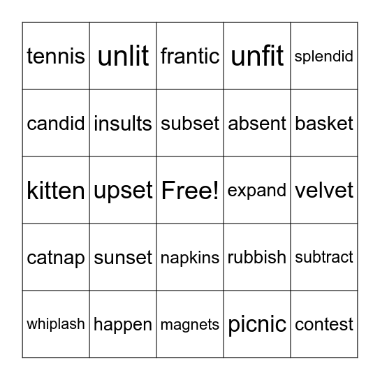 2 Syllable - Closed #1 Bingo Card