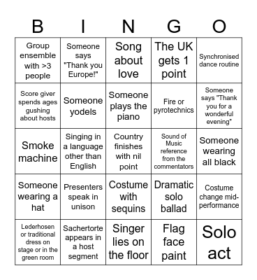 EUROVISION 2026 Bingo Card