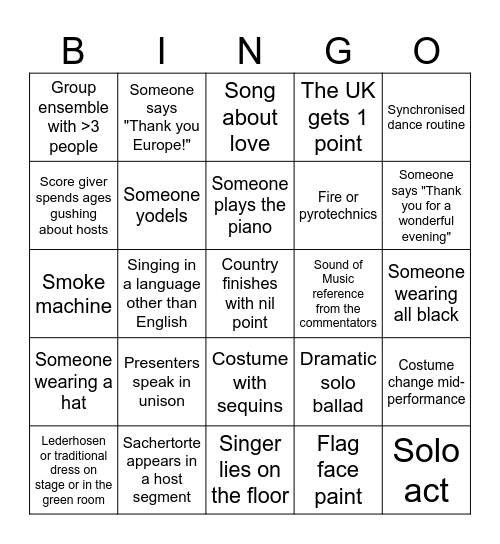 EUROVISION 2026 Bingo Card