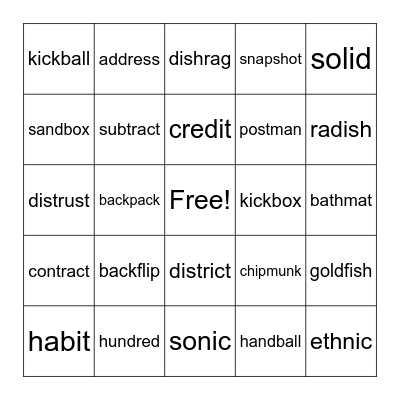 2 Syllable - Closed #2 Bingo Card