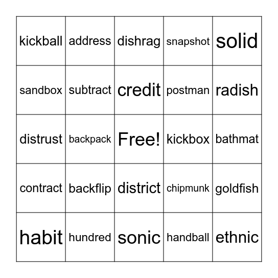 2 Syllable - Closed #2 Bingo Card
