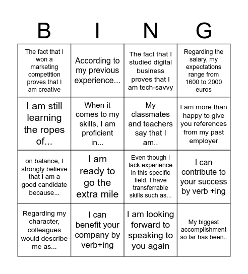 JOB INTERVIEW BINGO Card