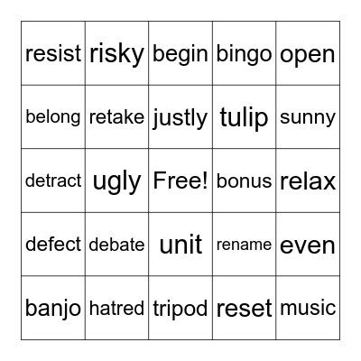 2 Syllable - Open #1 Bingo Card